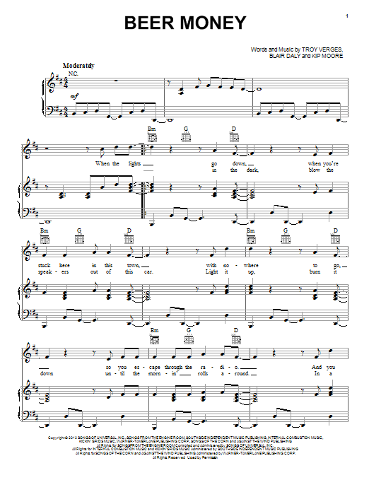 Kip Moore Beer Money sheet music notes and chords arranged for Piano, Vocal & Guitar Chords (Right-Hand Melody)