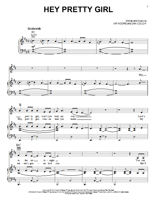 Kip Moore Hey Pretty Girl sheet music notes and chords arranged for Piano, Vocal & Guitar Chords (Right-Hand Melody)