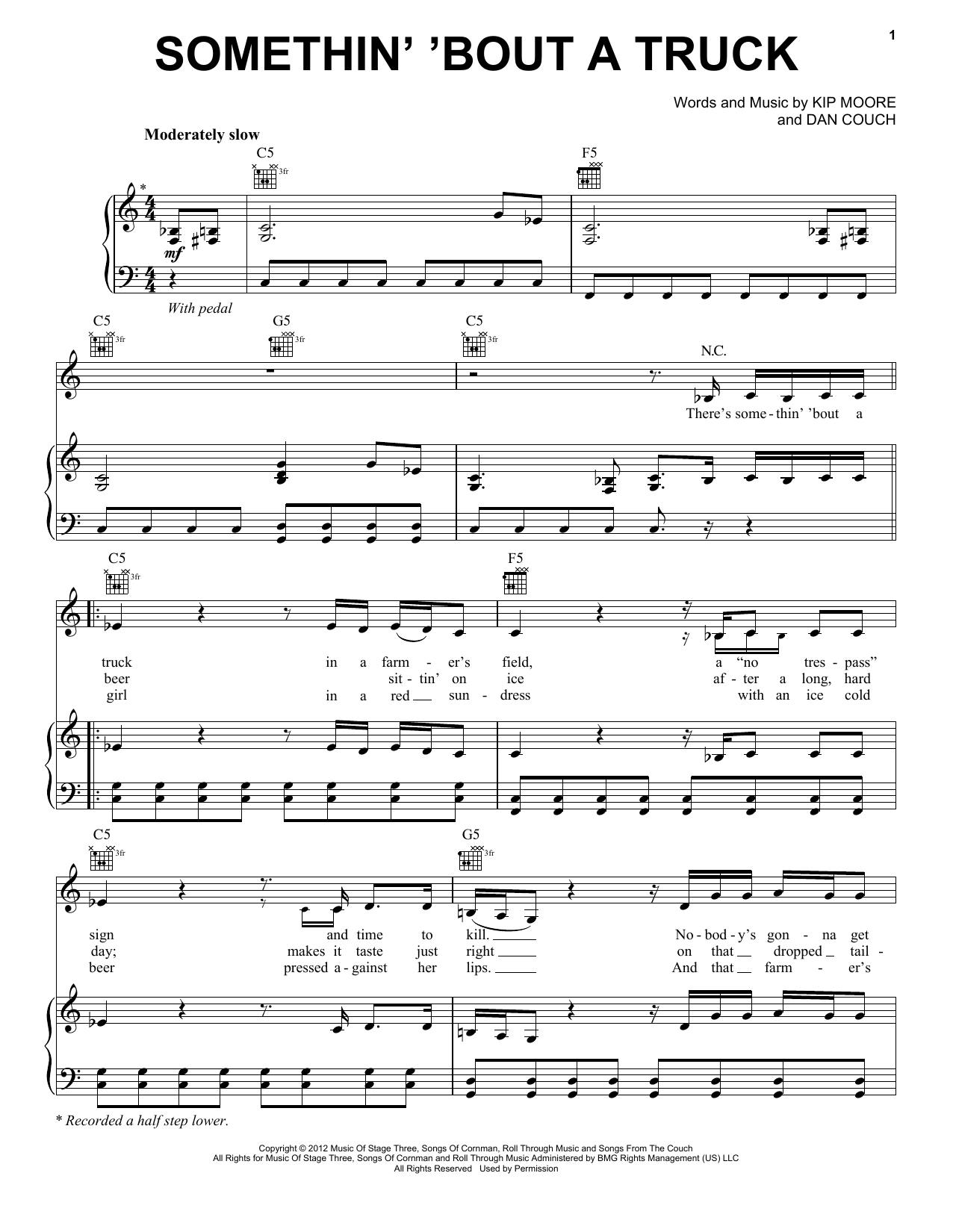 Kip Moore Somethin' 'Bout A Truck sheet music notes and chords arranged for Piano, Vocal & Guitar Chords (Right-Hand Melody)