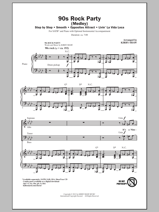 Kirby Shaw 90's Rock Party (Medley) sheet music notes and chords arranged for SSA Choir