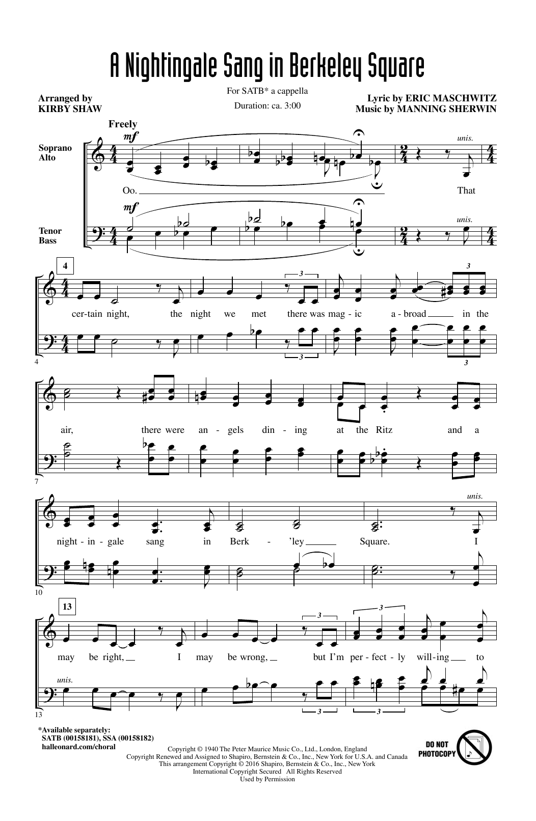 Kirby Shaw A Nightingale Sang In Berkeley Square sheet music notes and chords arranged for SATB Choir