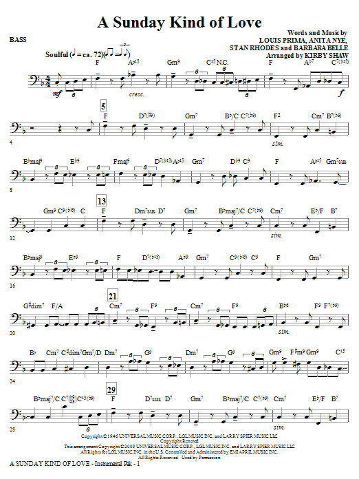 Kirby Shaw A Sunday Kind of Love - Bass sheet music notes and chords arranged for Choir Instrumental Pak