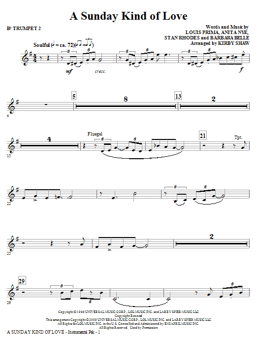 Kirby Shaw A Sunday Kind of Love - Bb Trumpet 2 sheet music notes and chords arranged for Choir Instrumental Pak