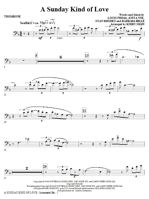 Kirby Shaw A Sunday Kind of Love - Trombone sheet music notes and chords arranged for Choir Instrumental Pak