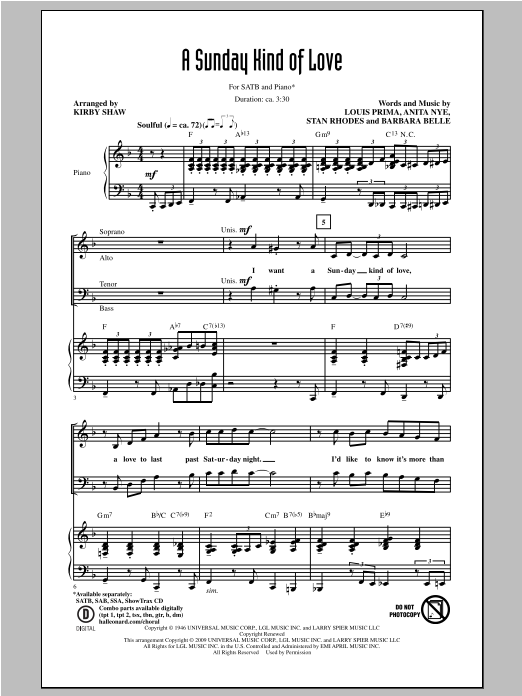 Kirby Shaw A Sunday Kind Of Love sheet music notes and chords arranged for SSA Choir