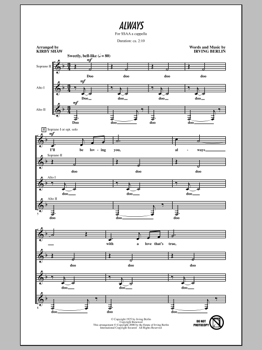 Kirby Shaw Always sheet music notes and chords arranged for SSA Choir