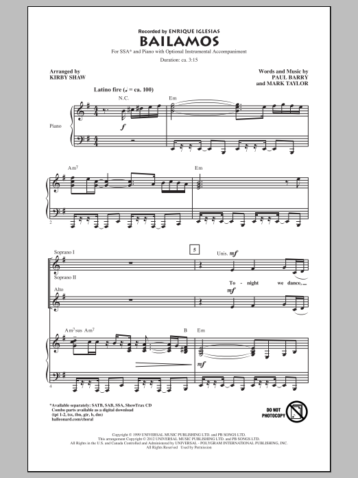 Kirby Shaw Bailamos sheet music notes and chords arranged for SSA Choir
