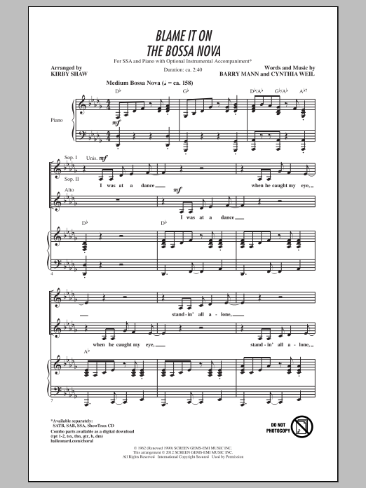 Kirby Shaw Blame It On The Bossa Nova sheet music notes and chords arranged for SSA Choir