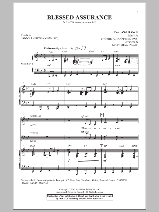 Kirby Shaw Blessed Assurance sheet music notes and chords arranged for SATB Choir