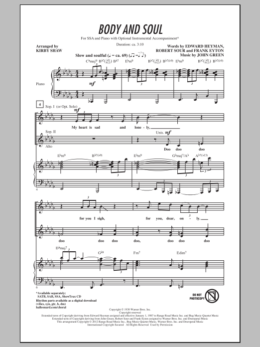 Kirby Shaw Body And Soul sheet music notes and chords arranged for SSA Choir
