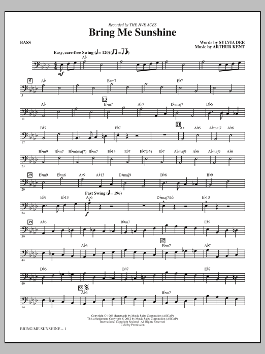 Kirby Shaw Bring Me Sunshine - Bass sheet music notes and chords arranged for Choir Instrumental Pak