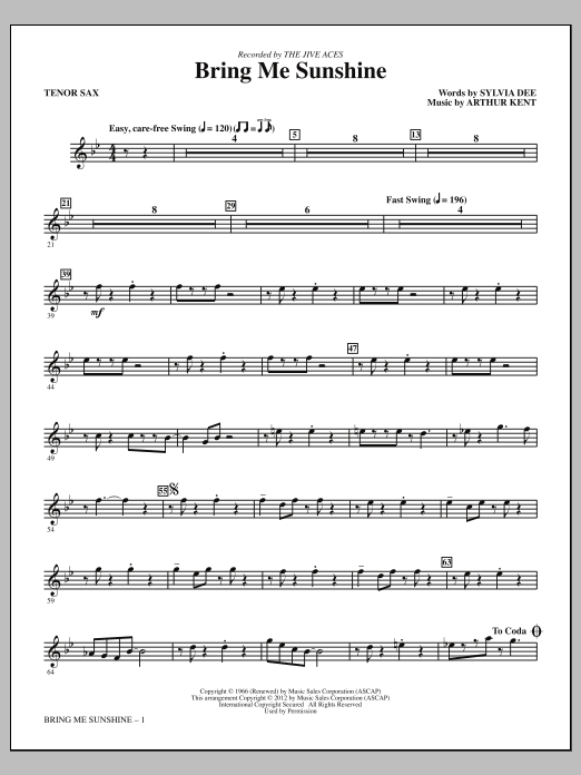 Kirby Shaw Bring Me Sunshine - Bb Tenor Saxophone sheet music notes and chords arranged for Choir Instrumental Pak