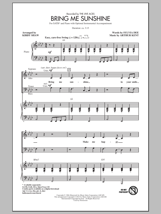 Kirby Shaw Bring Me Sunshine sheet music notes and chords arranged for SATB Choir