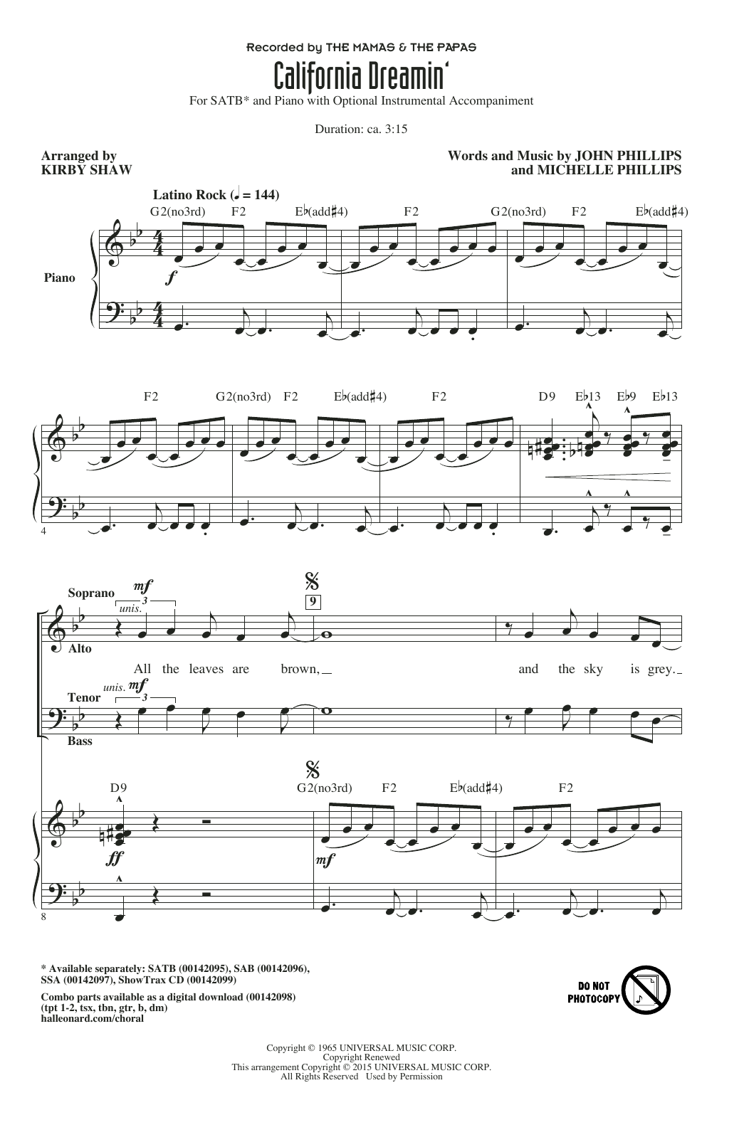 Kirby Shaw California Dreamin' sheet music notes and chords arranged for SSA Choir