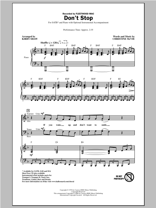Kirby Shaw Don't Stop sheet music notes and chords arranged for SSA Choir