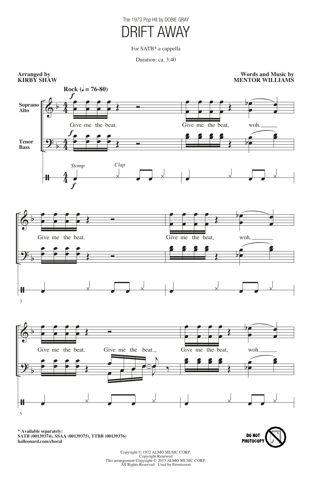Kirby Shaw Drift Away sheet music notes and chords arranged for SATB Choir