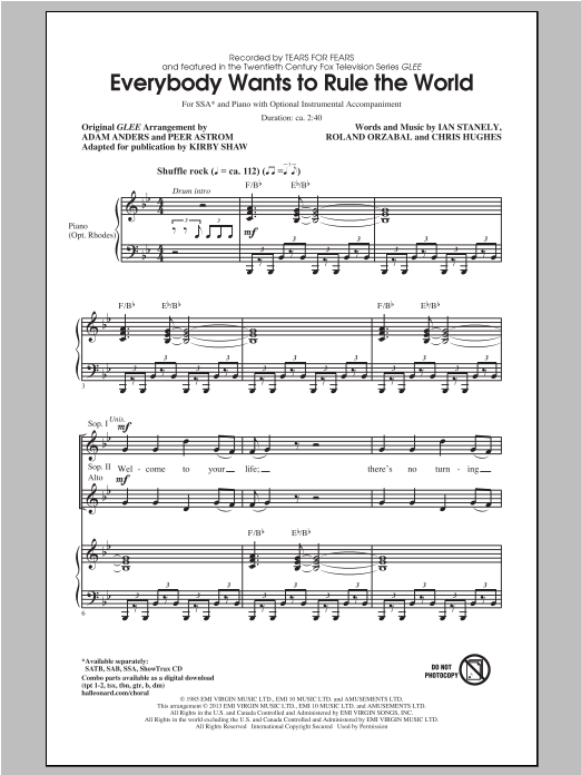Kirby Shaw Everybody Wants To Rule The World sheet music notes and chords arranged for SSA Choir