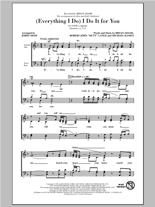 Kirby Shaw (Everything I Do) I Do It For You sheet music notes and chords arranged for SATB Choir