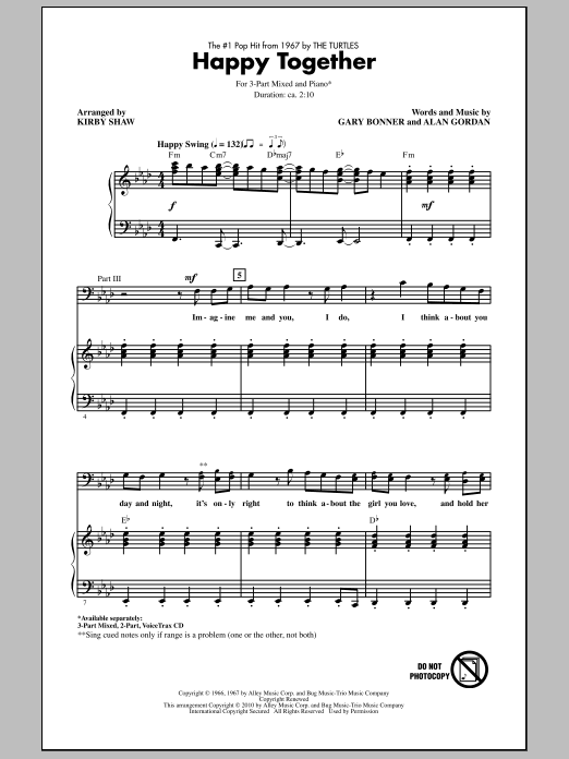Kirby Shaw Happy Together sheet music notes and chords arranged for 3-Part Mixed Choir