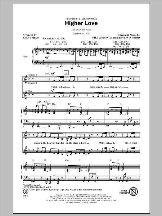 Kirby Shaw Higher Love sheet music notes and chords arranged for SSA Choir