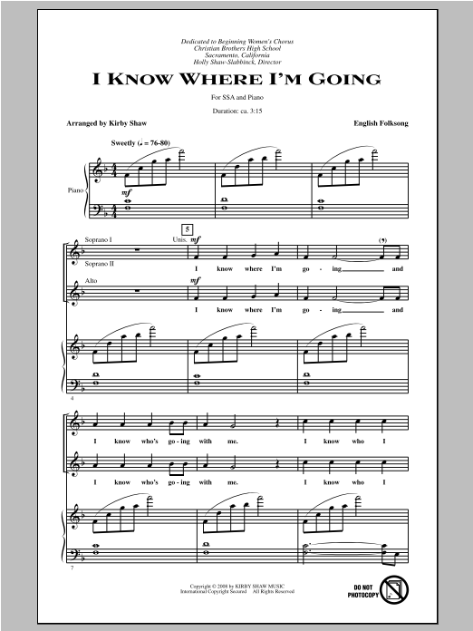 Kirby Shaw I Know Where I'm Goin' sheet music notes and chords arranged for SSA Choir