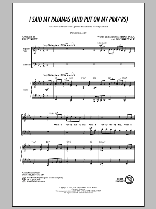 Kirby Shaw I Said My Pajamas (And Put On My Pray'rs) sheet music notes and chords arranged for SAB Choir