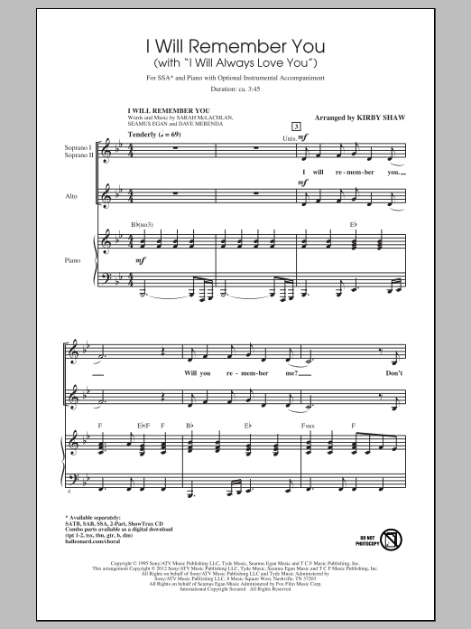 Kirby Shaw I Will Remember You (with I Will Always Love You) sheet music notes and chords arranged for 2-Part Choir
