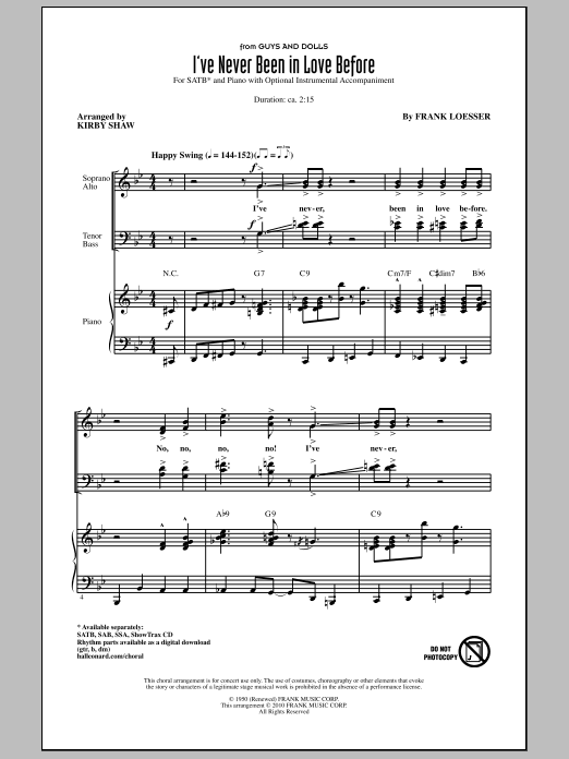 Kirby Shaw I've Never Been In Love Before sheet music notes and chords arranged for SATB Choir