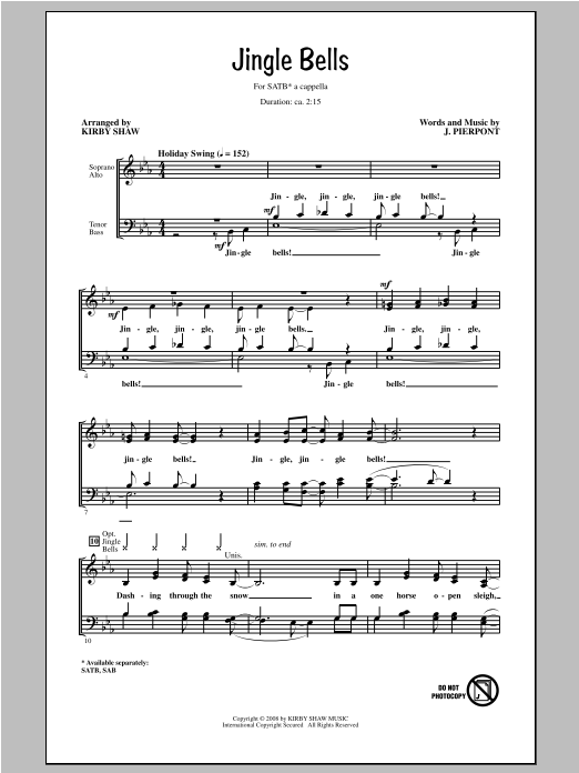 Kirby Shaw Jingle Bells sheet music notes and chords arranged for SAB Choir