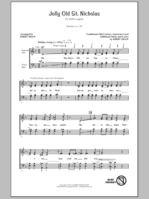 Kirby Shaw Jolly Old St. Nicholas sheet music notes and chords arranged for SATB Choir