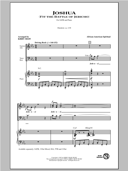 Kirby Shaw Joshua (Fit The Battle Of Jericho) sheet music notes and chords arranged for SATB Choir