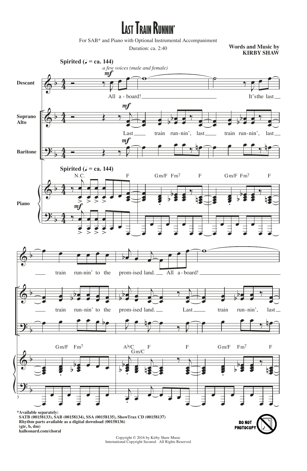 Kirby Shaw Last Train Runnin' sheet music notes and chords arranged for SAB Choir