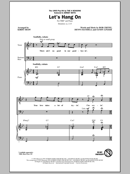 Kirby Shaw Let's Hang On sheet music notes and chords arranged for TBB Choir