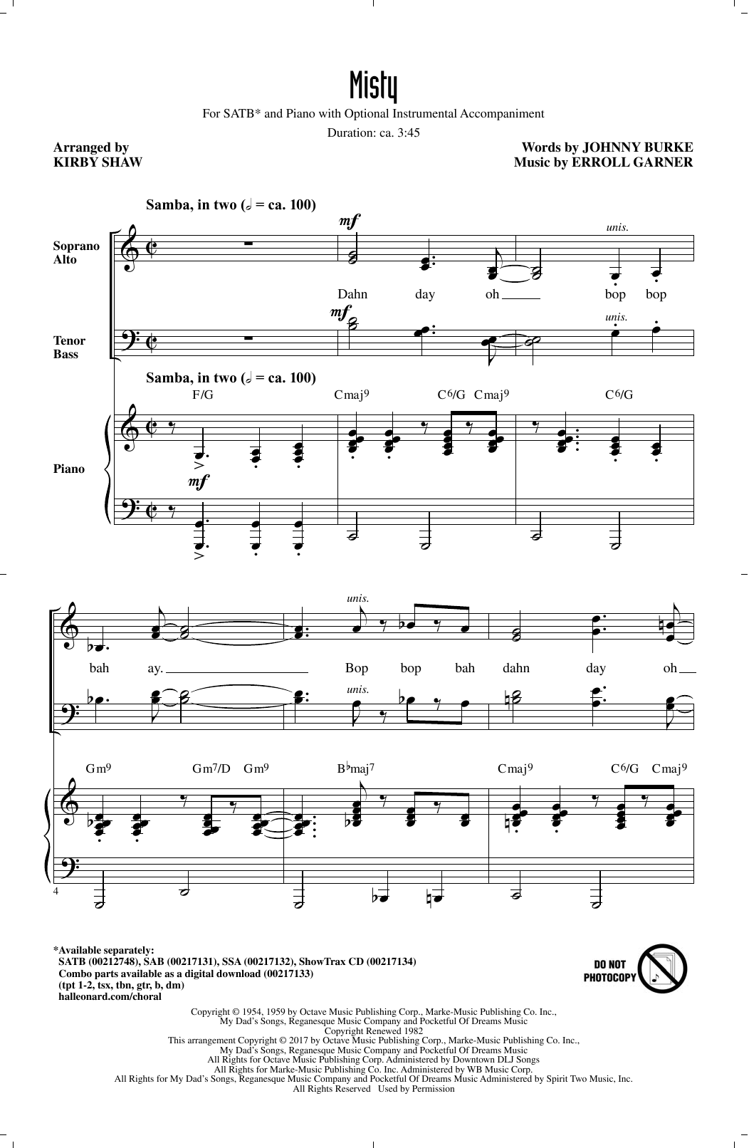Kirby Shaw Misty sheet music notes and chords arranged for SATB Choir