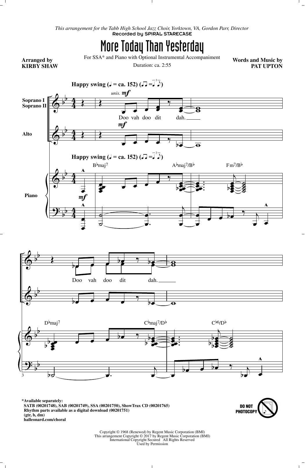 Kirby Shaw More Today Than Yesterday sheet music notes and chords arranged for SSA Choir