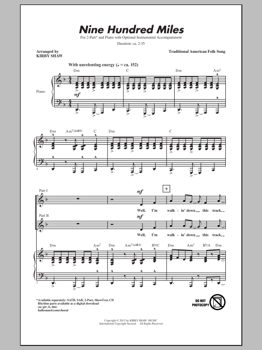 Kirby Shaw Nine Hundred Miles sheet music notes and chords arranged for SATB Choir