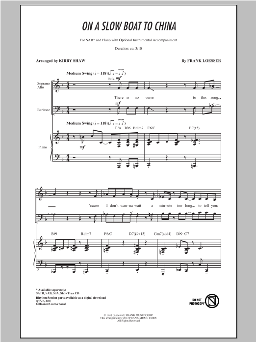 Kirby Shaw On A Slow Boat To China sheet music notes and chords arranged for SATB Choir