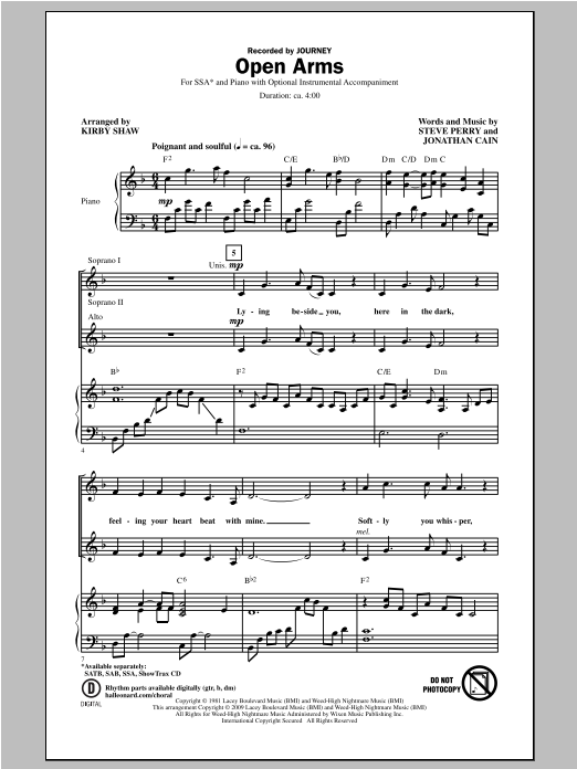 Kirby Shaw Open Arms sheet music notes and chords arranged for SAB Choir
