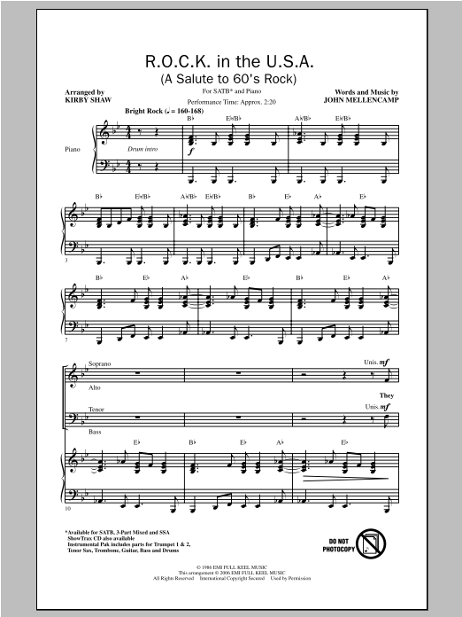 Kirby Shaw R.O.C.K. In The U.S.A. (A Salute To 60's Rock) sheet music notes and chords arranged for SATB Choir