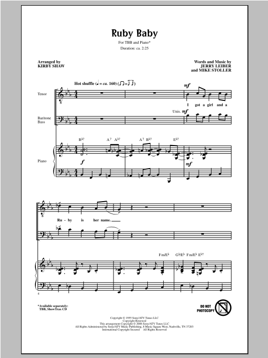 Kirby Shaw Ruby Baby sheet music notes and chords arranged for TBB Choir