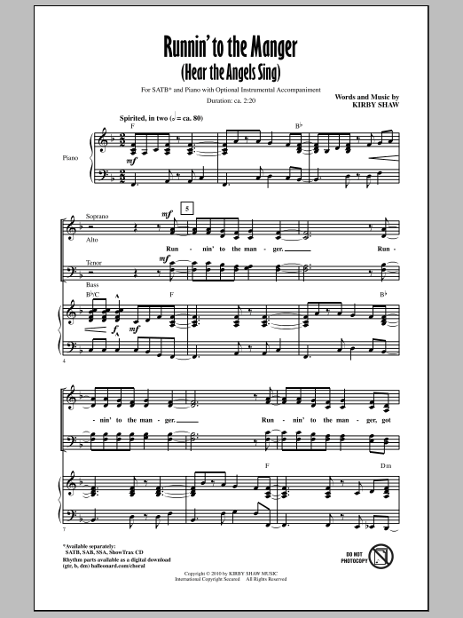 Kirby Shaw Runnin' To The Manger (Hear The Angels Sing) sheet music notes and chords arranged for SAB Choir
