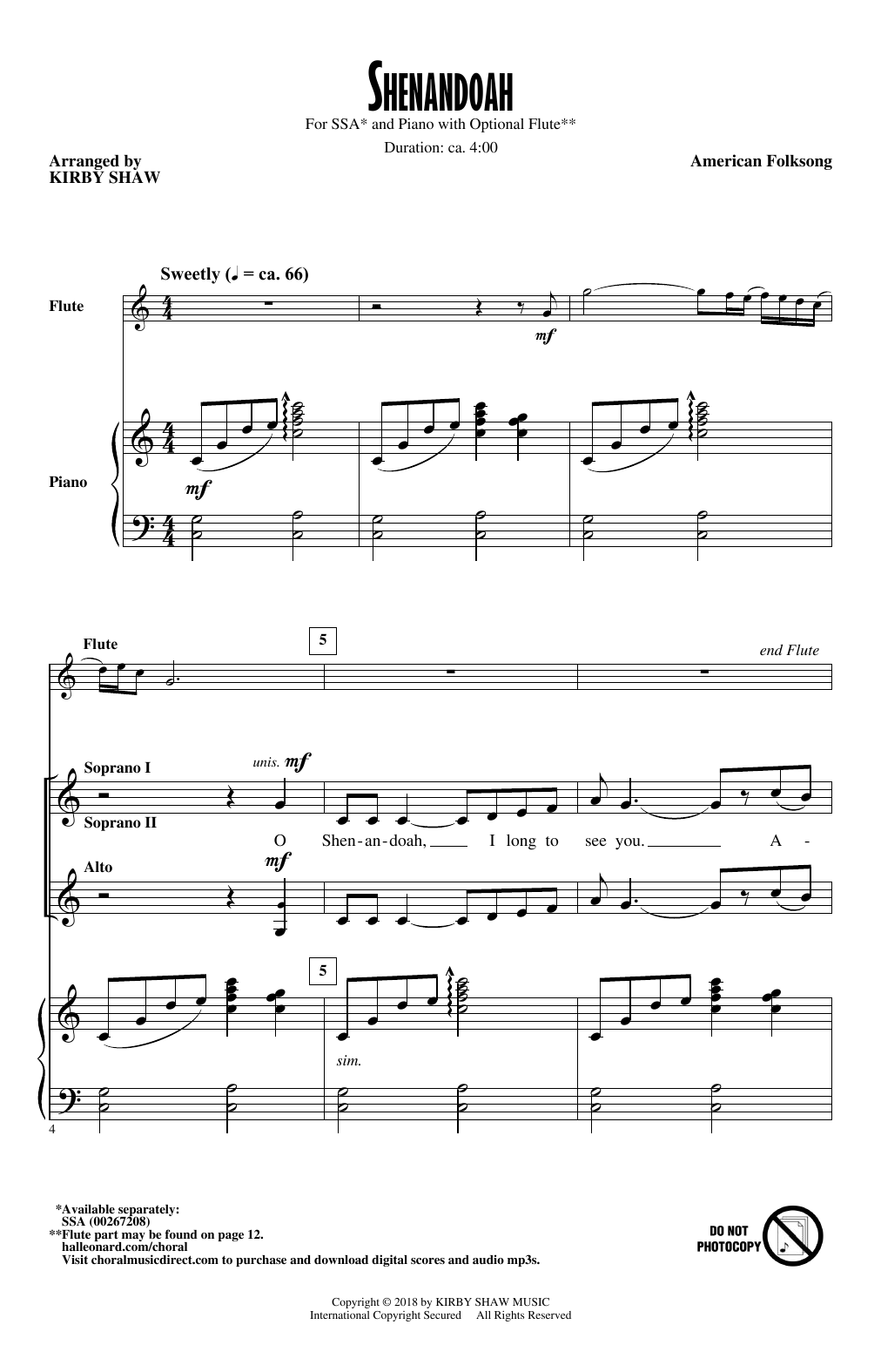 Kirby Shaw Shenandoah sheet music notes and chords arranged for SSA Choir