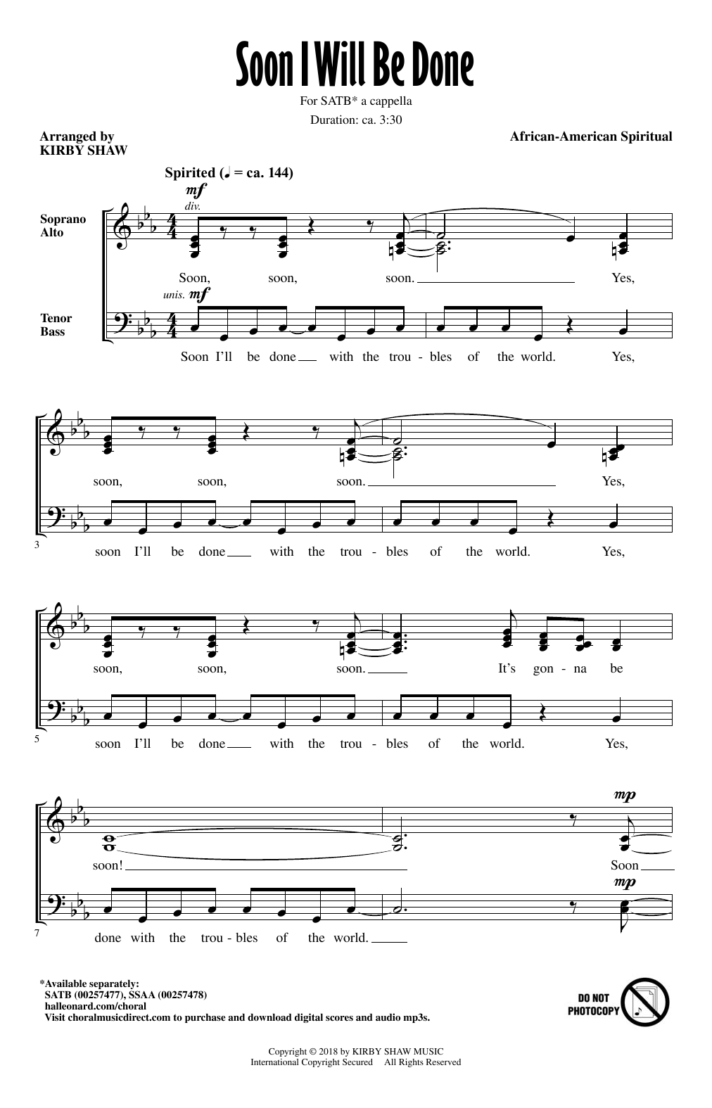 Kirby Shaw Soon I Will Be Done sheet music notes and chords arranged for SSA Choir