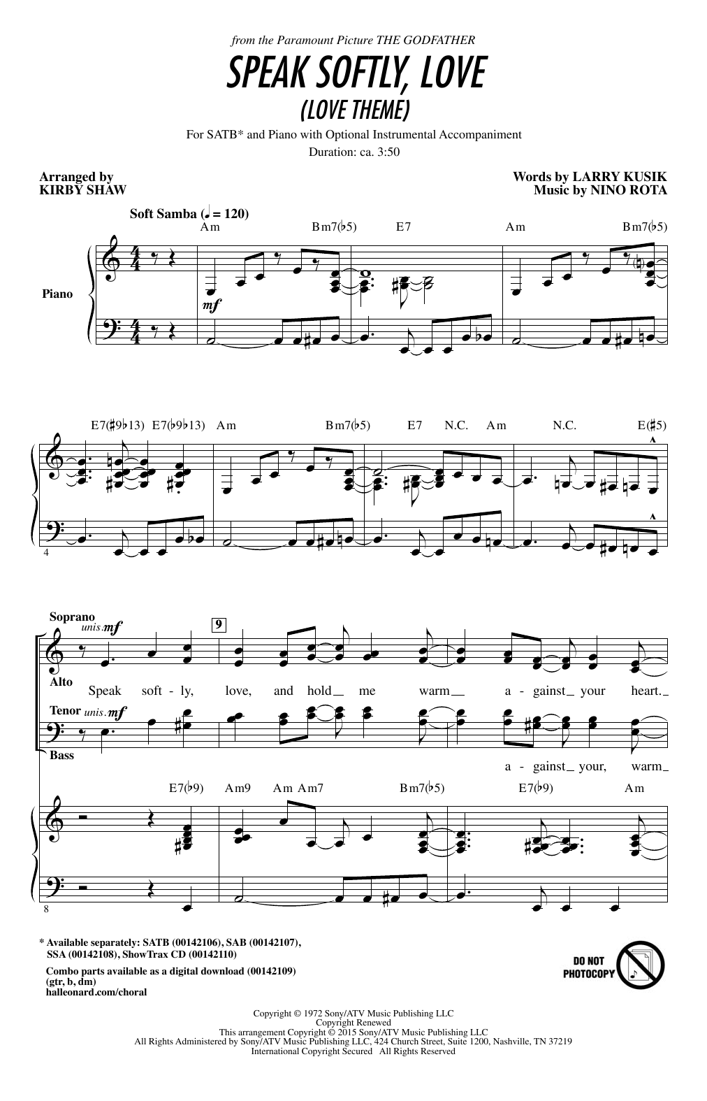 Kirby Shaw Speak Softly, Love (Love Theme) sheet music notes and chords arranged for SAB Choir