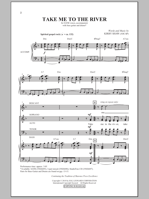 Kirby Shaw Take Me To The River sheet music notes and chords arranged for 3-Part Mixed Choir