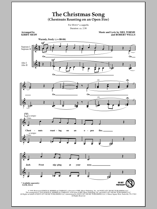 Kirby Shaw The Christmas Song (Chestnuts Roasting On An Open Fire) sheet music notes and chords arranged for SATB Choir