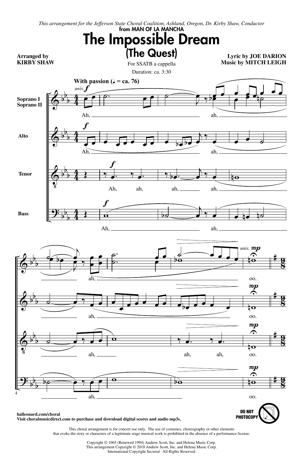 Kirby Shaw The Impossible Dream (The Quest) sheet music notes and chords arranged for SATB Choir