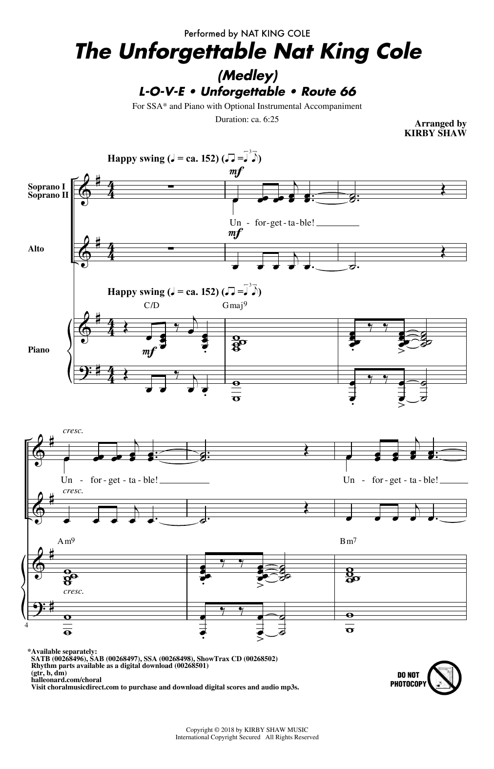 Kirby Shaw The Unforgettable Nat King Cole (Medley) sheet music notes and chords arranged for SAB Choir