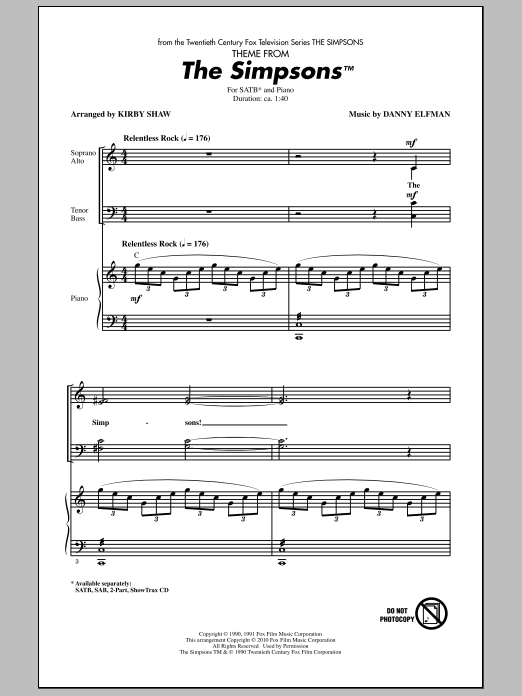 Kirby Shaw Theme From The Simpsons sheet music notes and chords arranged for SATB Choir