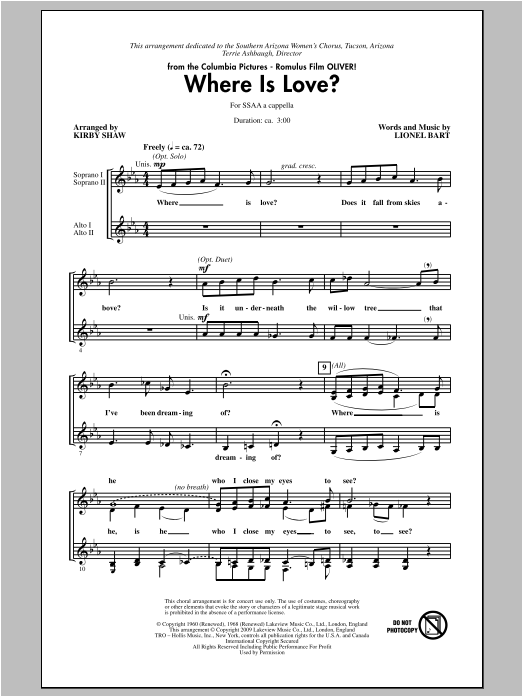 Kirby Shaw Where Is Love? sheet music notes and chords arranged for SSA Choir